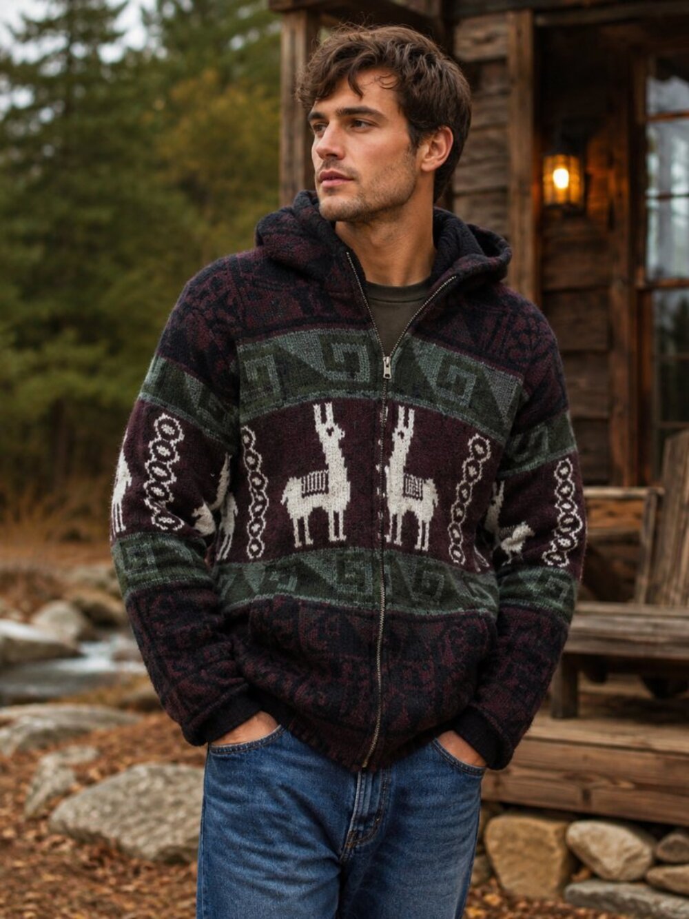 Vtg Tejidos Ruminahui Wool Alpaca Llama Hippie Hoodie Jacket